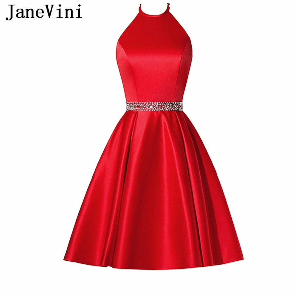JaneVini vestido de dama de honor corto de satén rojo, sencillo, con bolsillos, corte en A, sin espalda, vestido de fiesta niñas de talla grande|Vestidos para dama de honor| - AliExpress