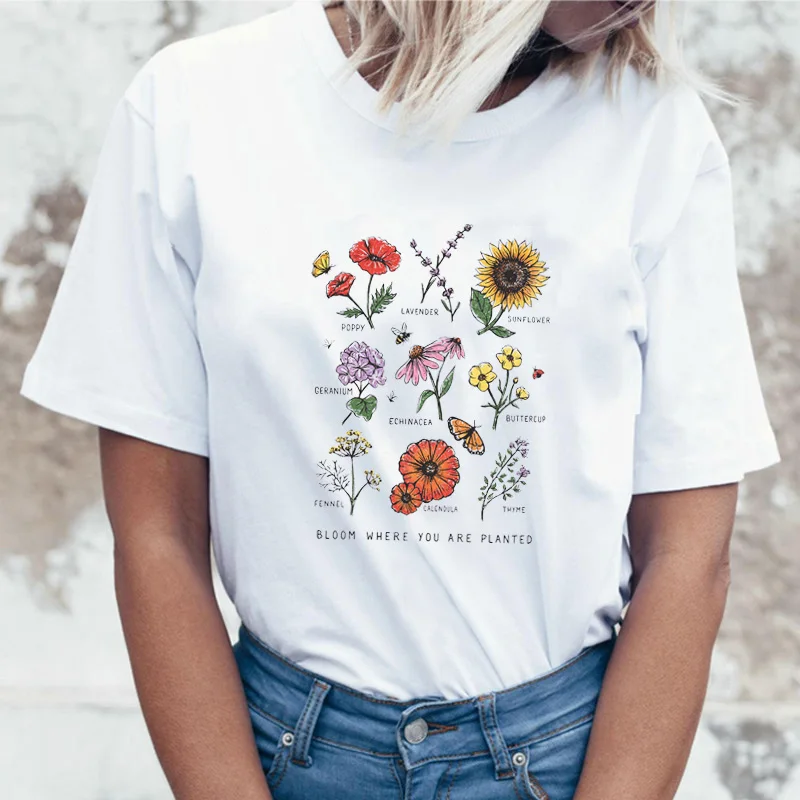 Харадзюку Блум, где ты посажен, женская футболка, уличная одежда, короткий рукав, топы, графические футболки, растительный цветок, футболка с круглым вырезом