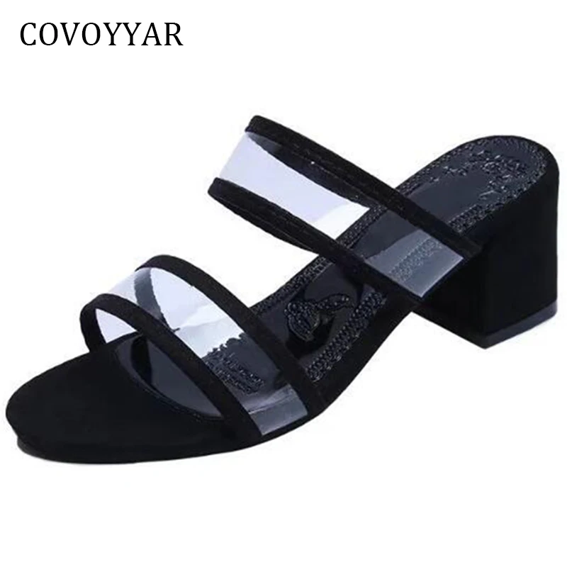 

COVOYYAR Clear Women Sandals Mules 2018 Summer Fashion Transparent Slingback Lady Sandals Slippers Thick Heel Black Shoes WSS944
