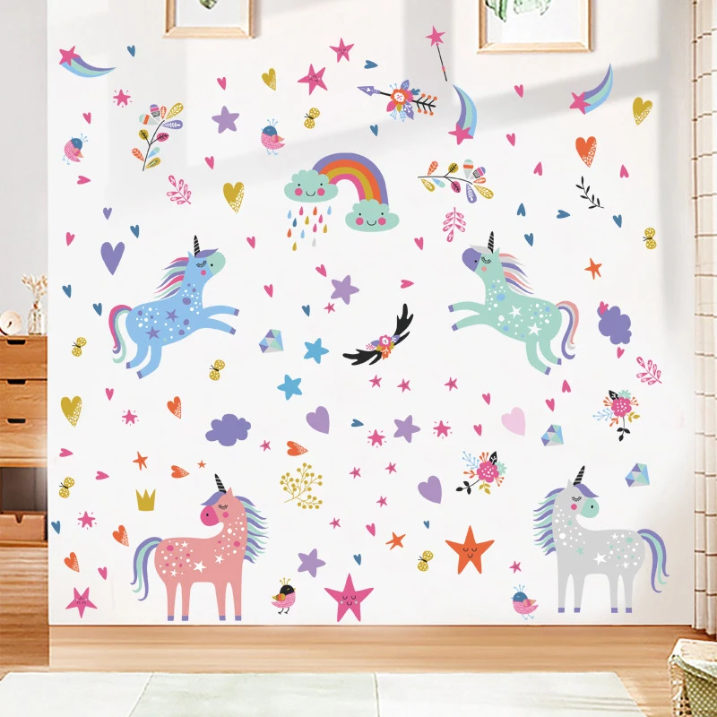 Мультяшный Радужный Единорог наклейки стены ПВХ Star облако Луна Животные настенные наклейки детская комната DIY обои Home Decor