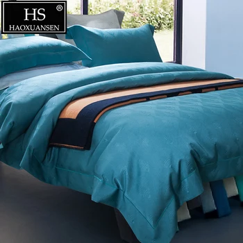

HS Luxurious Dark Green Geometric Grid Thickened 4pcs Jacquard Bedding Sets Pure Color Bed Linens King Size Duvet Cover Set