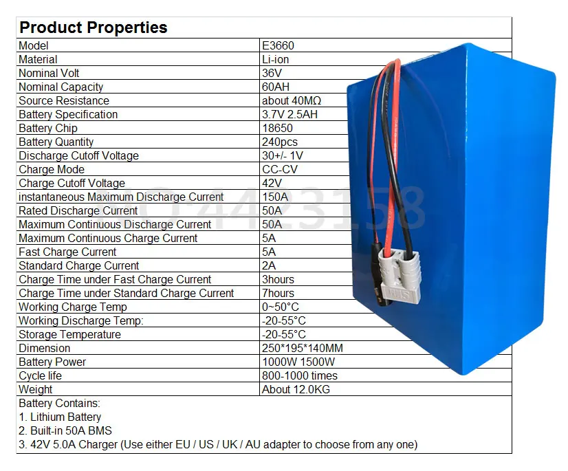 ЕС США нет налога Высокая мощность 36 в 1500 Вт 1000 Вт батарея 36 В 60AH Электрический велосипед батарея 36 В 60AH литиевый аккумулятор 50A BMS+ 5A зарядное устройство