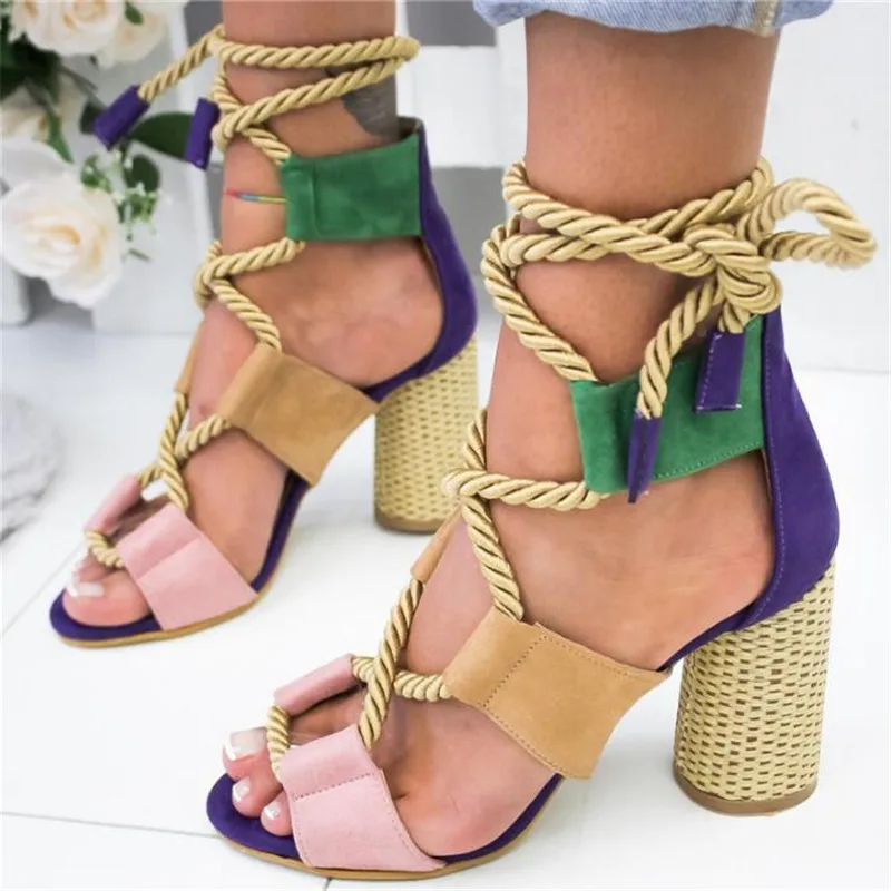 

Women Sandals Summer Women Sandals 7CM Heel Pointed Fish Mouth Sandals 2019 Woman Hemp Lace Up Women Platform Sandals