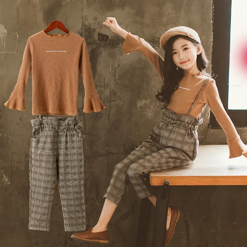 

2019 Toddler Girls Clothes Set 2 Pcs Casual Spring Clothes For Girls Teenage Girls Clothing Sets T-shirts + Plaid Pants 10 12 14