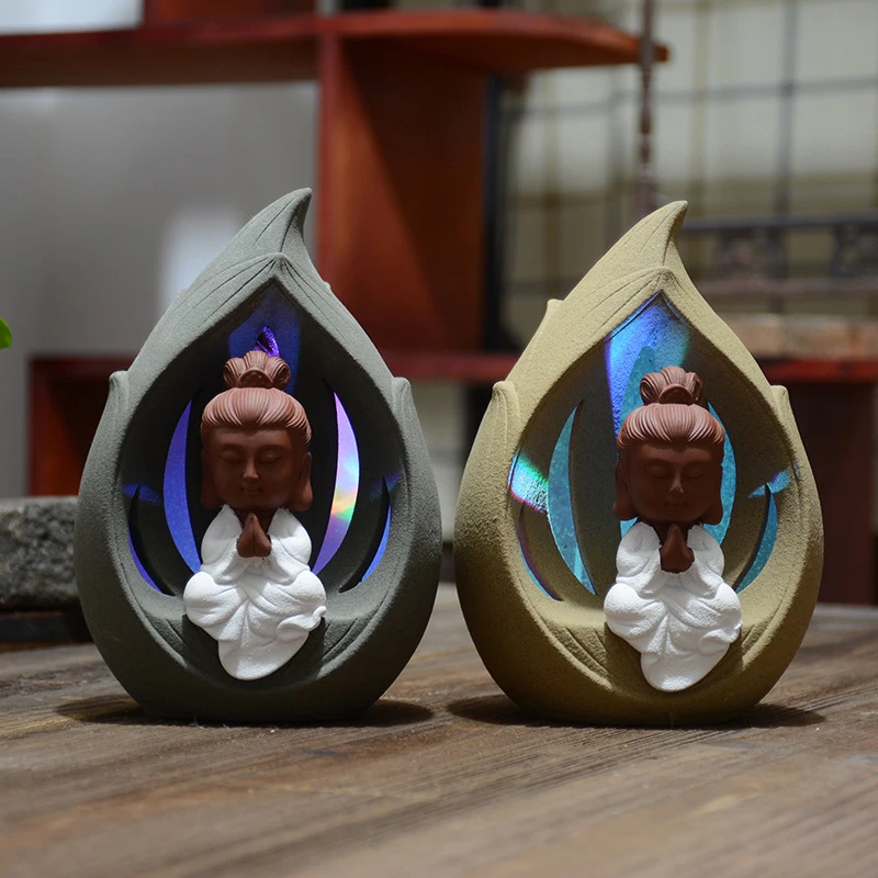 

Backflow Incense Burner Gradient LED Light Little Monk Buddha Incense Holder Home Decor Ceramic Censer + 10Pcs Incense Cones