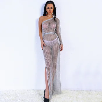 

2019 Dress Celebrity Backless Sexy One-Shoulder Silt Women Hollow Out Lace Elegant Night Club Body con Party Dresses Wholesale