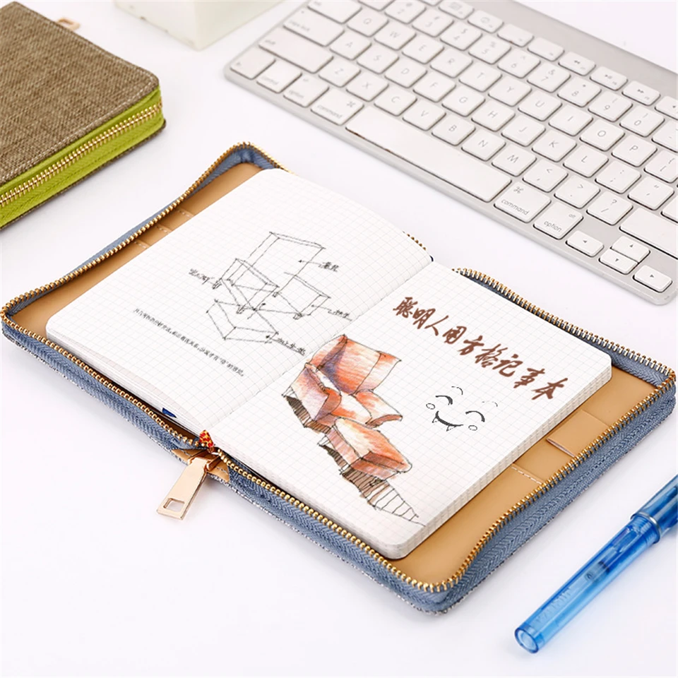 

64K Zipper Vintage Notebook Dokibook Planner Grid Paper Cloth Kawaii Mini Diary Plan Note Book Agenda School Office