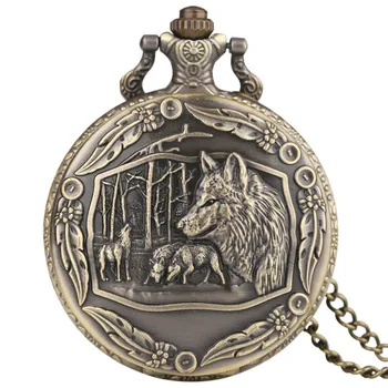 

Cool Steampunk Wolf Pattern Quartz Pocket Watch Bronze Antique Wolves Scuplture Men Women Watches Pendant Gift With Necklace
