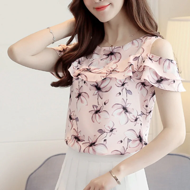 Women's Flower Printed Cold Shoulder Chiffon Tops 2019 Woman Butterfly Sleeve Casual Office Lady Blouses Female Feminine Tops
