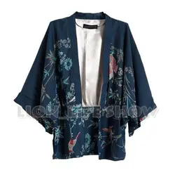 Biamoxer Лето Япония Для женщин рукав "летучая мышь" синий цветочный Феникс кимоно юката пальто Верхняя одежда