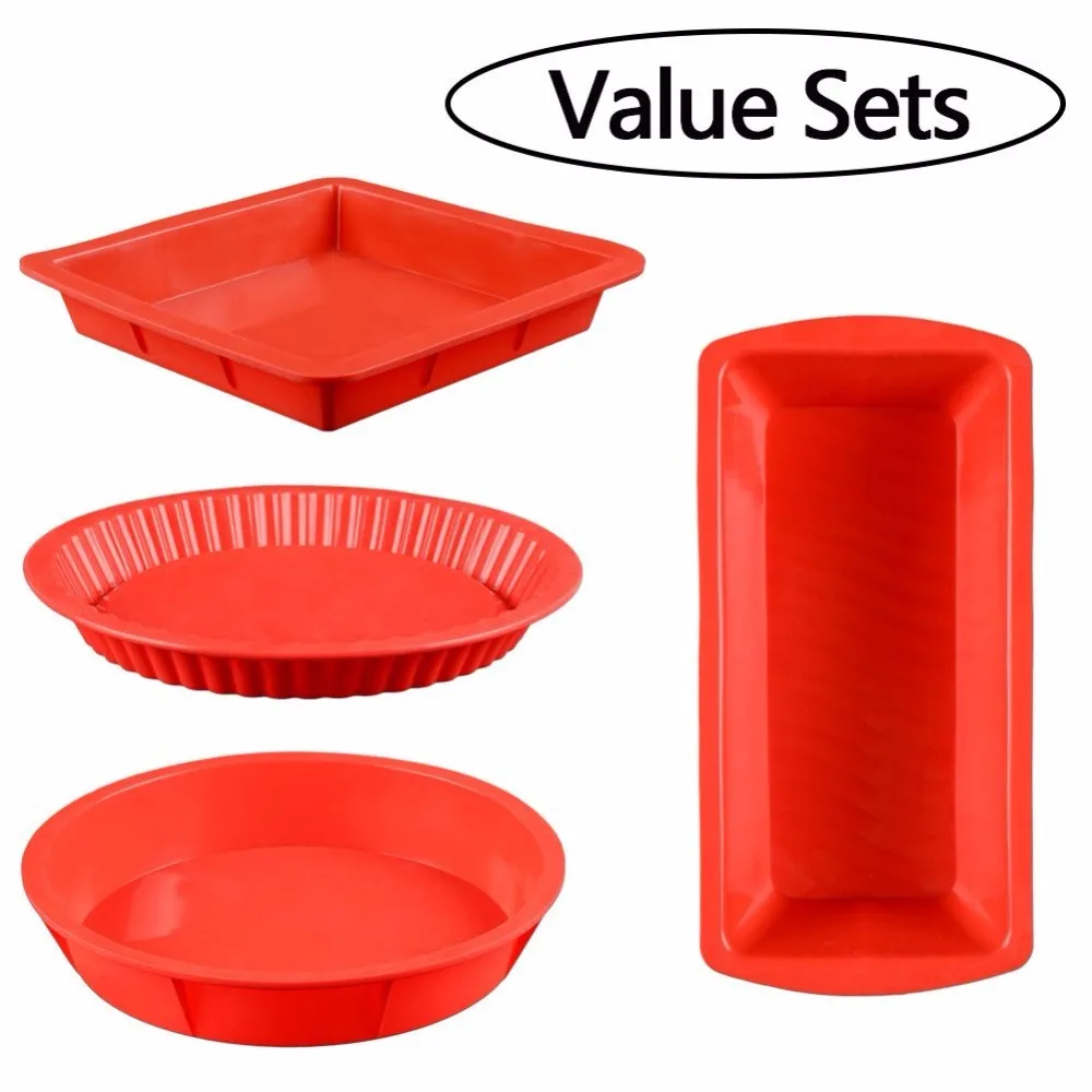 

HOT 4PCS Bakeware Set-Baking Silicone Molds Nonstick Silicone Bakeware Set Round & Square & Rectangular Pans for Pies Cakes Loaf