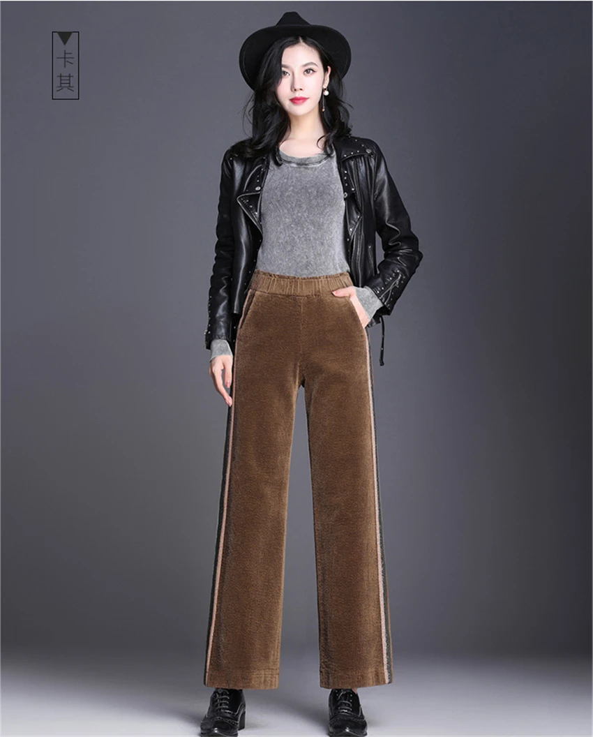 Большие размеры 4XL брюки для женщин широкие брюки OL вельветовые однотонные брюки женские брюки с эластичной резинкой на талии