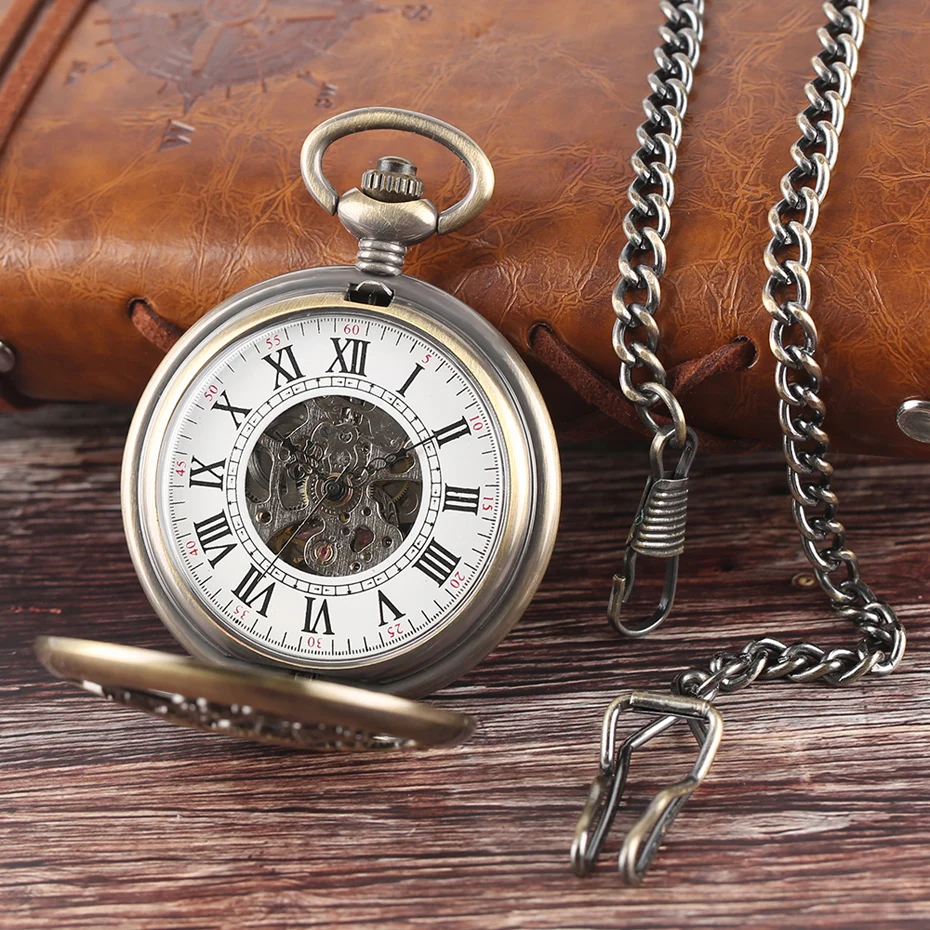  Vintage Roman Numbers Mechanical Pocket Watches Men Women Automatic Kylin Hollow Fob Clock Exquisite Gift For Xmas Birthday  (3)