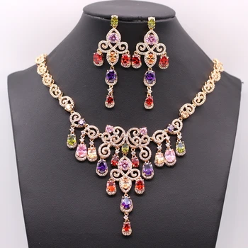 

GZJY Luxury Women Gold Color Jewelry Sets Crystal Chain Necklace Earrings Jewelry Sets For Women Wedding Party 7colors