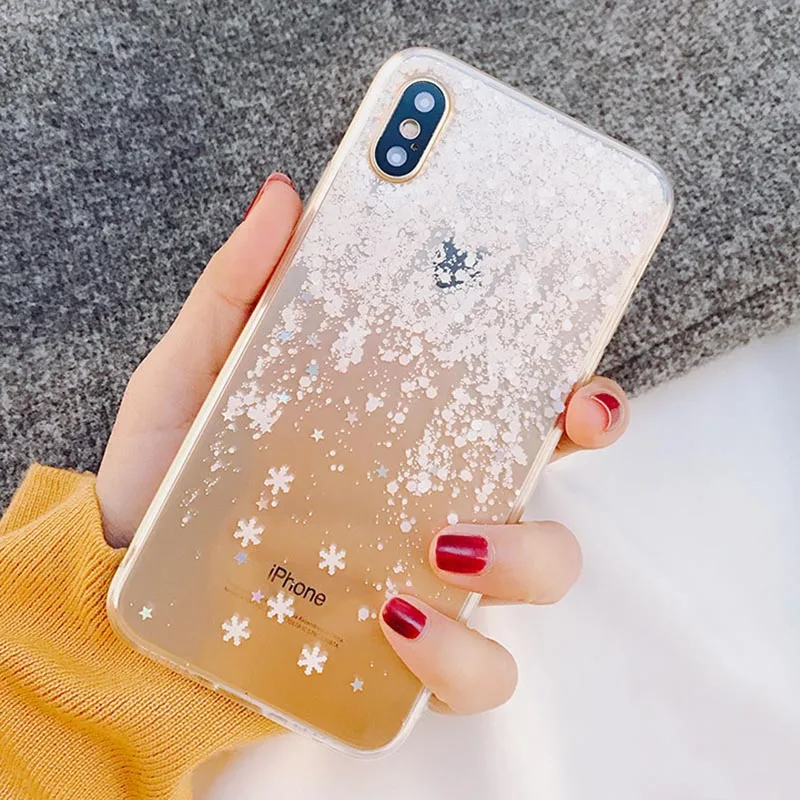 Модный зимний прозрачный чехол Kerzzil со снежинками для iPhone X 8 7 6 Plus блестящий