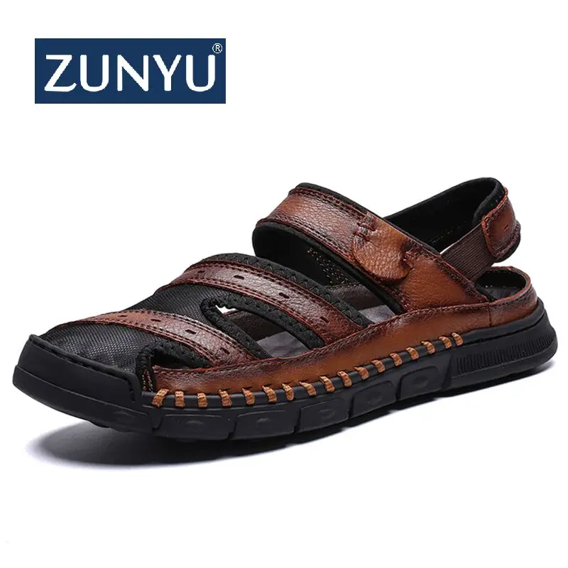 

ZUNYU New Summer Business Casual Men's Sandals Men Leather Splice Shoes Outdoor Male Hand Stitching Wrapped Toe Beach Sandal Men