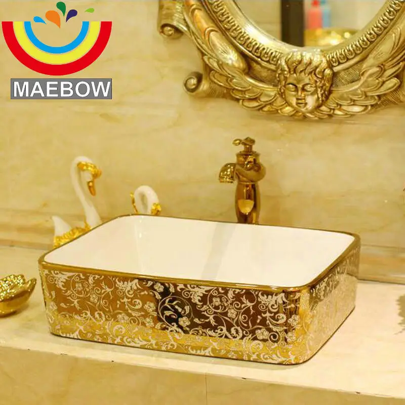 Mosaic Gold Rectanglar Washbasin Luxurious Artistic Wash