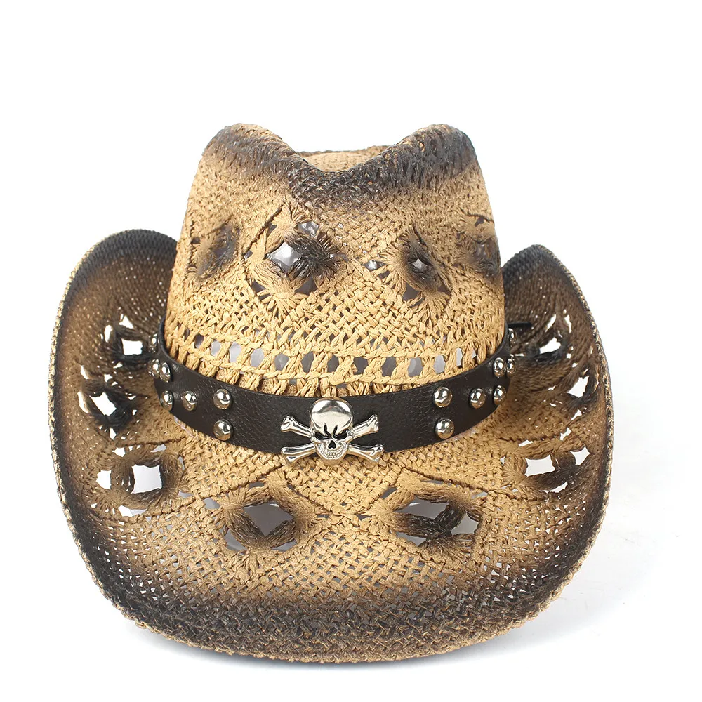 

Punk Brand Straw Hollow Western Cowboy Hat Women Men Handmade Fedora Sombrero Hombre Beach Cowgirl Jazz Sun Hat Size 56-58CM