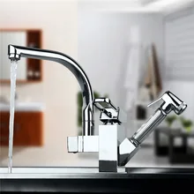 Полированный Хром Латунь Двойные Изливы 360 Градусов и Вытащить Кухня Faucet. Кухонный Кран Раковина MixerTorneira Бортике Cozinha