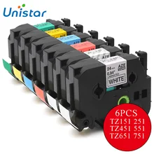 UNISTAR 6PCS Label Tapes Compatible for Brother P-touch Printer Ribbons TZ Tapes 24mm miexed colors TZe-151 TZe-251 TZe-651