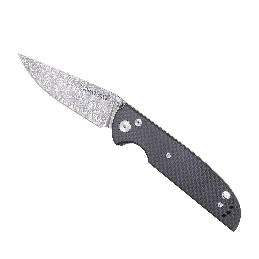 

DX Version JohnnyJamie Vikinger Carbon Fiber& TC4 Handle Clip Damascus Knife Steel Blade Ball Bearing Military Tactical Knifes