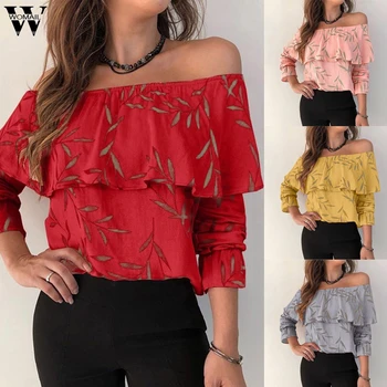 

Womail Blouse Women Long Sleeve Cold Off Shoulder Chiffon Ruffled loose Office Work Shirt Autumn Femme Blusas Mujer de Moda J722