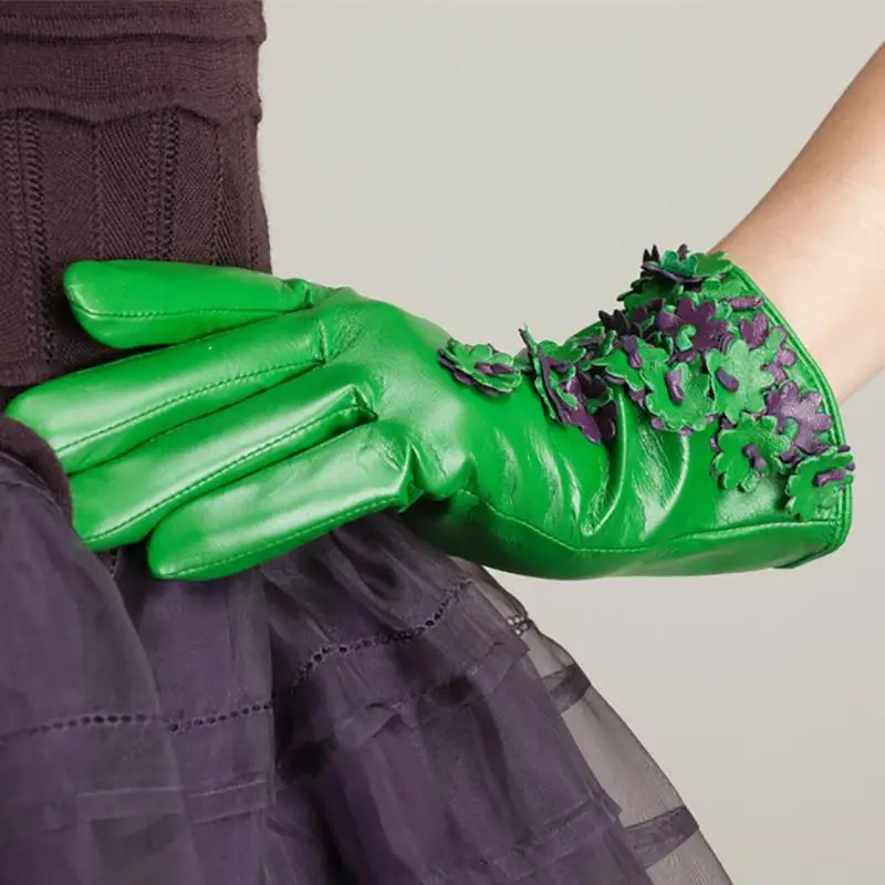 KURSHEUEL зимние перчатки женские перчатки из натуральной кожи для вождения Модные Цветочные украшения из козьей кожи теплые рукавицы с подкладкой AGB586 - Цвет: Green