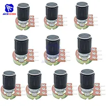 10 значений 10 шт. 1 к 2 к 5 к 10 к 20 к 50 к 100 к 250 к 500 к 1 м ом 3Pin рифленый вал Линейный Конус поворотный потенциометр резистор w/ручка