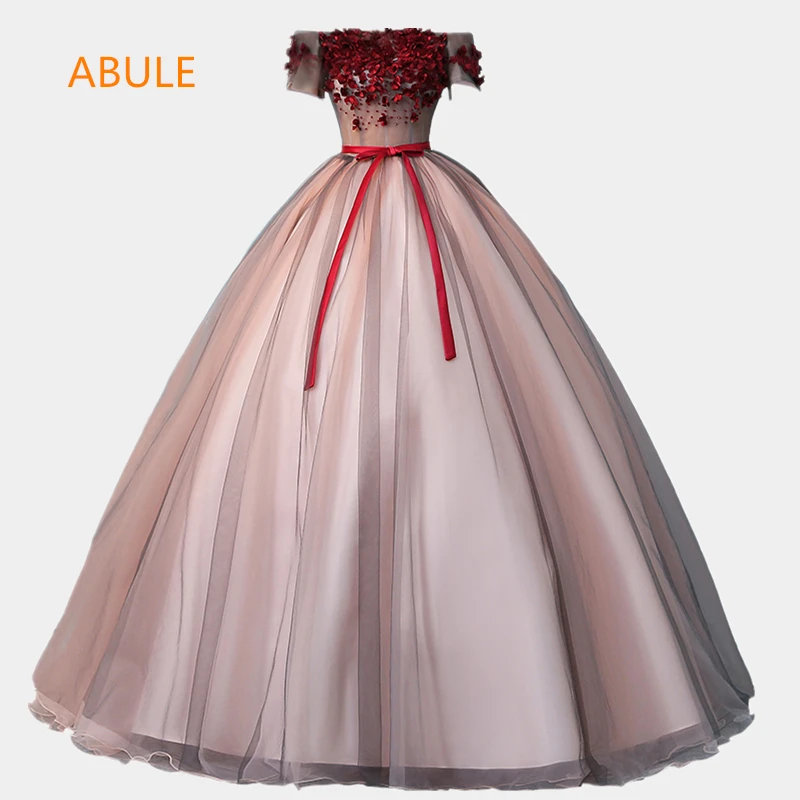 

ABULE Quinceanera Dresses flowers lace up Red wine ball gown prom dress Debutante Gown 15 Years Layer flowers Custom sizes