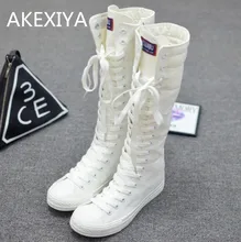 Hot 2017 New Fashion Women’s Canvas Boots Lace Zip Knee High Shoes Women Boots Flats Casual Tall Punk Shoes Girls