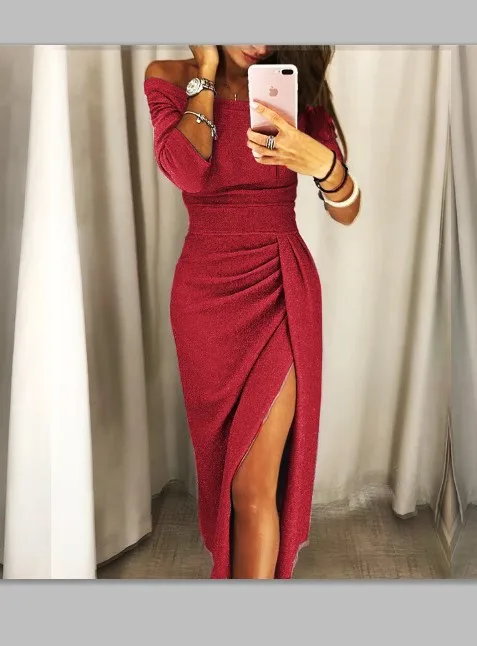 Флэш весеннее платье высокий разрез с открытыми плечами длинное блеск Vestidos Verano
