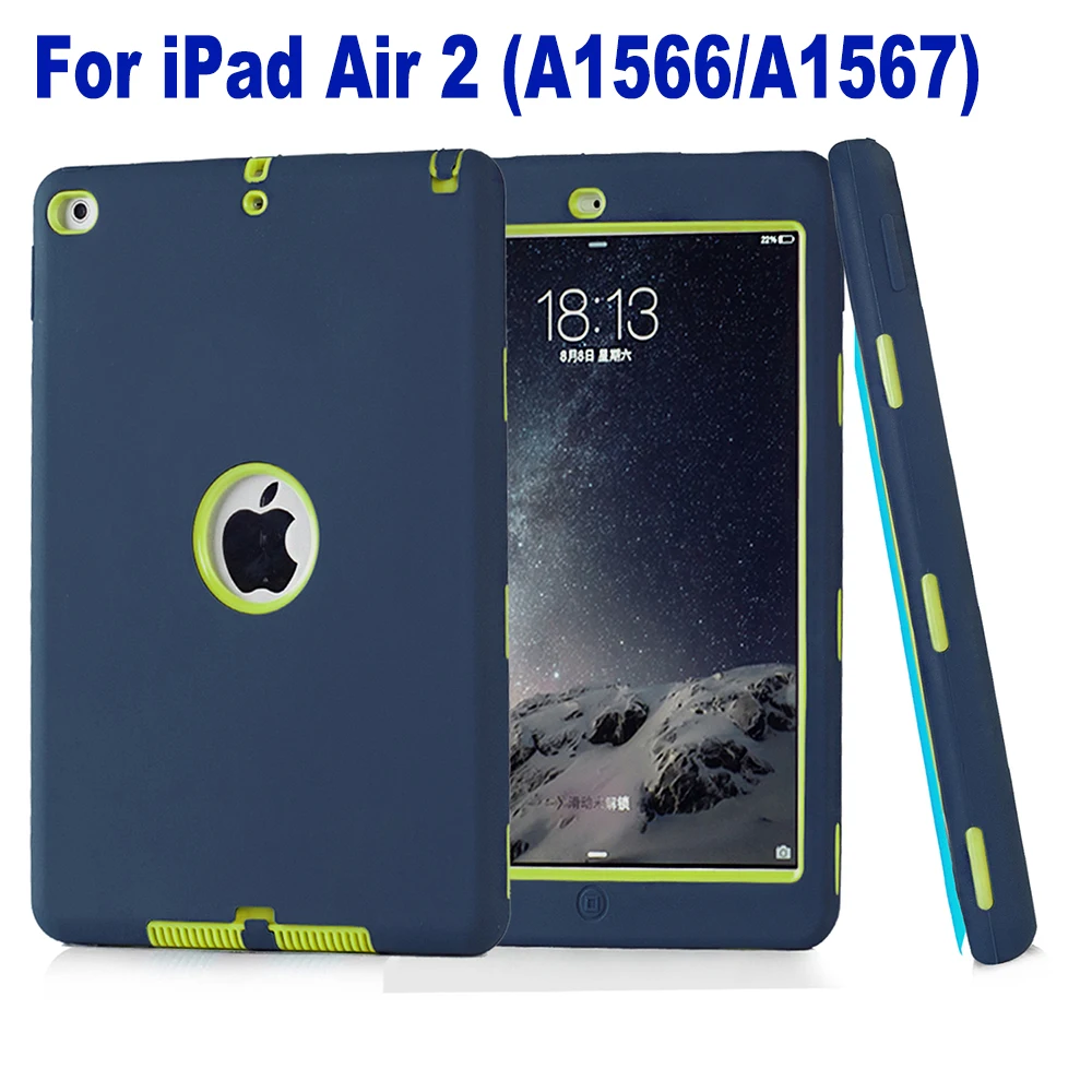 

Full protection Cases For iPad Air 2 Case High-Impact Shockproof 3 Layers Soft Rubber Silicone+Hard PC Protective Cover Shell