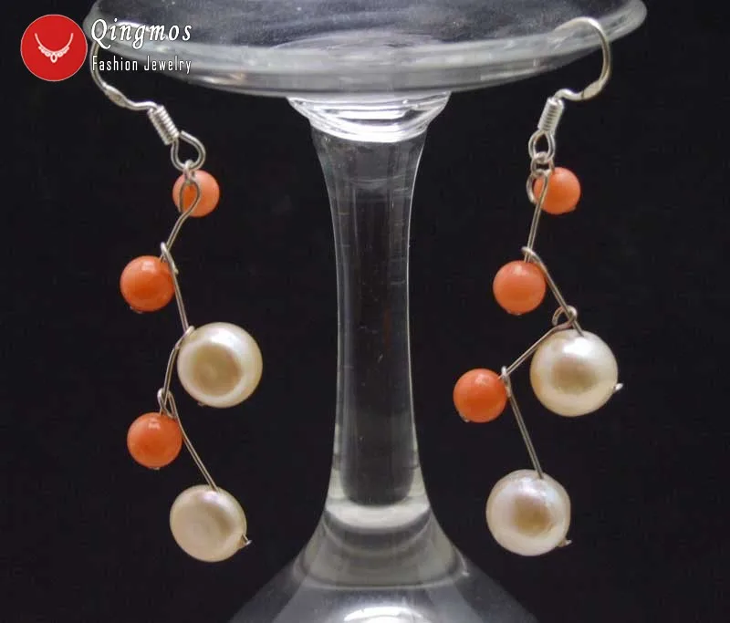 

Qingmos Pink Flat Round Pearl Earrings for Women with 7-8mm Side Drilled Natural Pearl and Pink Coral Dangle 2'' Earring-ear623