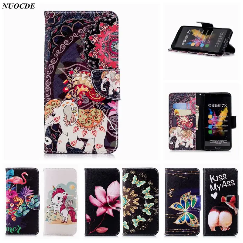 

NUOCDE Phone Case For Huawei Honor 7X Wallet PU Leather Flip Cover Case Butterfly Elephant Capa For Huawei Honor 7X Pouch Cases