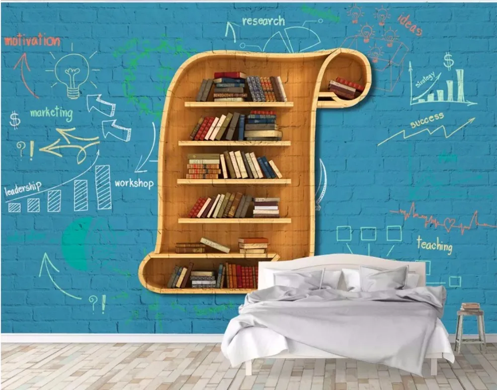 Гостиная креативная книжная полка обои ностальгические кирпичная стена книжный шкаф обои мультфильм красота кабинет библиотеки Декор Papel Фреска