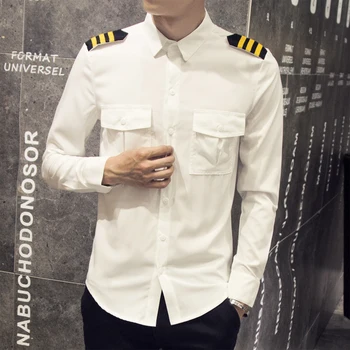 

Vetement Homme Fashion 2019 Spring British Style White Men Shirt Hot Sale Slim Double Pocket Long Sleeve Steward Shirts Mens