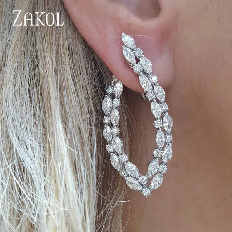 

ZAKOL Oval Shape Stud Earrings White Gold CZ Big Classic Wedding Jewelry For Women Girl Gift FSEP663