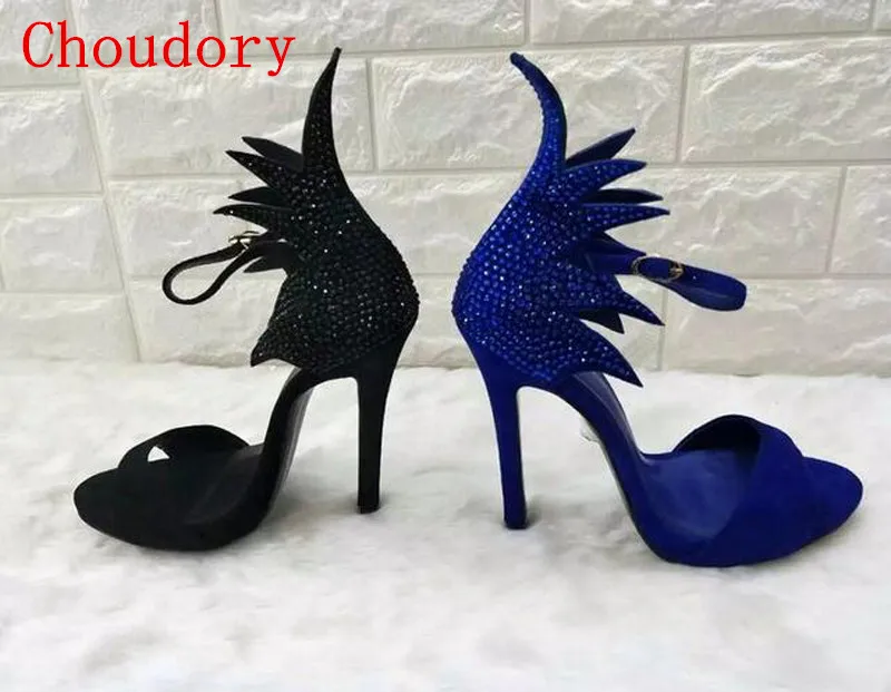 

Choudory 2017 Luxury Bling Bling Crystal Gladiator Sandals Flame Shape Ladies Party Shoes Thin High Heels Ankle Strap Blue Black