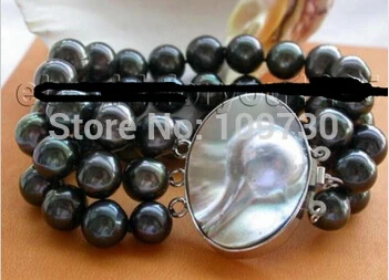 hot sell909 3rows Genuine Natural 11-12mm Black pearl Bracelet mabe pearl clasp