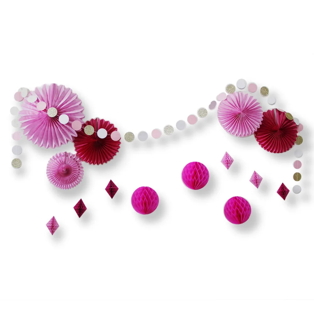 Set Of 15 Fuchsia Pink Paper Decorations Paper Fan Honeycomb Ball