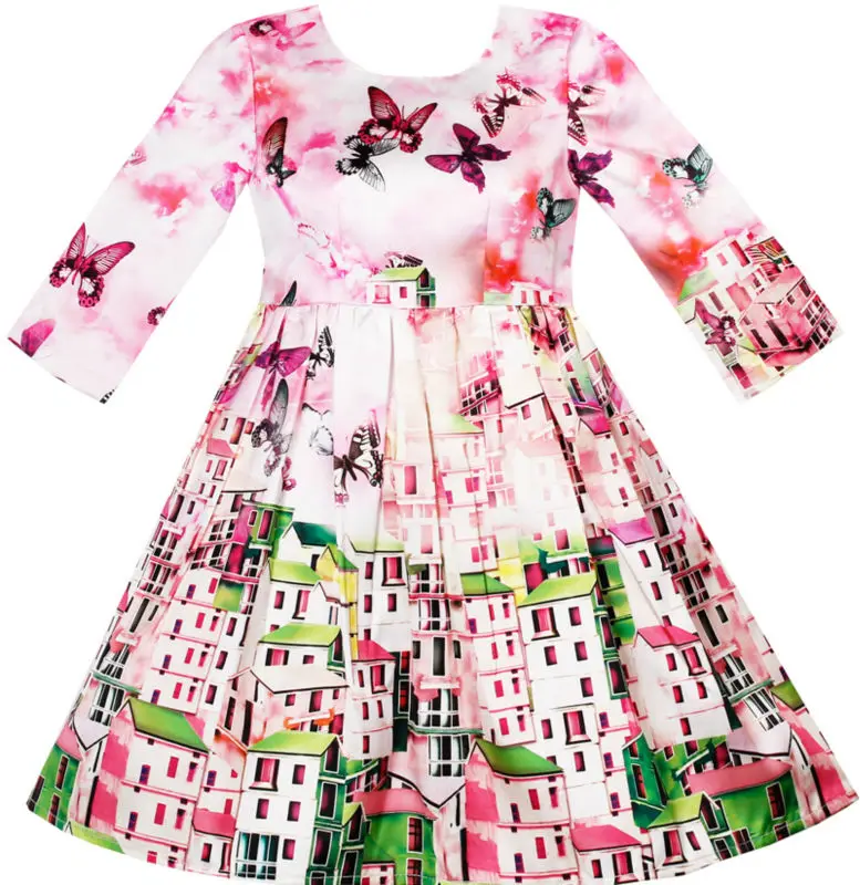 Sunny Fashion Girls Dress Satin Silk Butterfly City Building View Pink 2017 Summer Princess Wedding Party