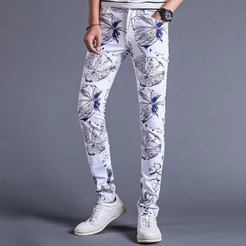 

ORINERY Hot Sale Floral Printed Jeans Men High Quality White Elastic Jeans Fashion Denim Long Pants Casual Skinny Men Jeans