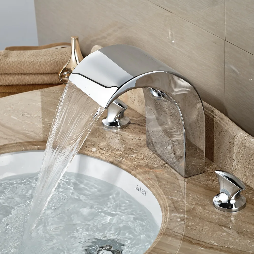 

Wholesale And Retail Elegant Deck Mounted Bathroom Basin Faucet Dual Handles Waterfall Spout Mixer Tap Hot Cold Valve