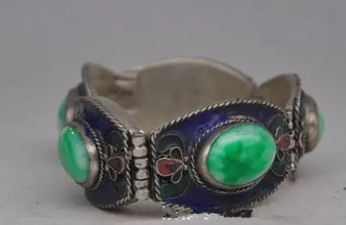 

Free shipping@@@@@ Chinese folk Tibetan silver and copper inlaid natural jade bracelet, too