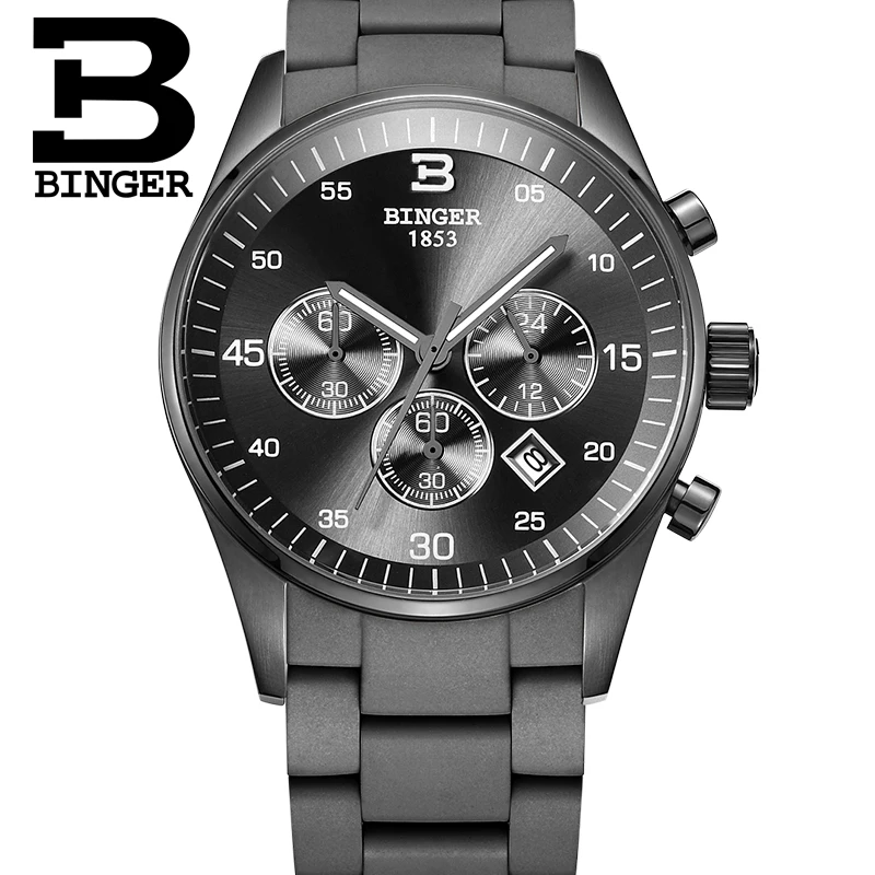 Sports Chronograph Wristwatches BINGER Steel Men Quartz