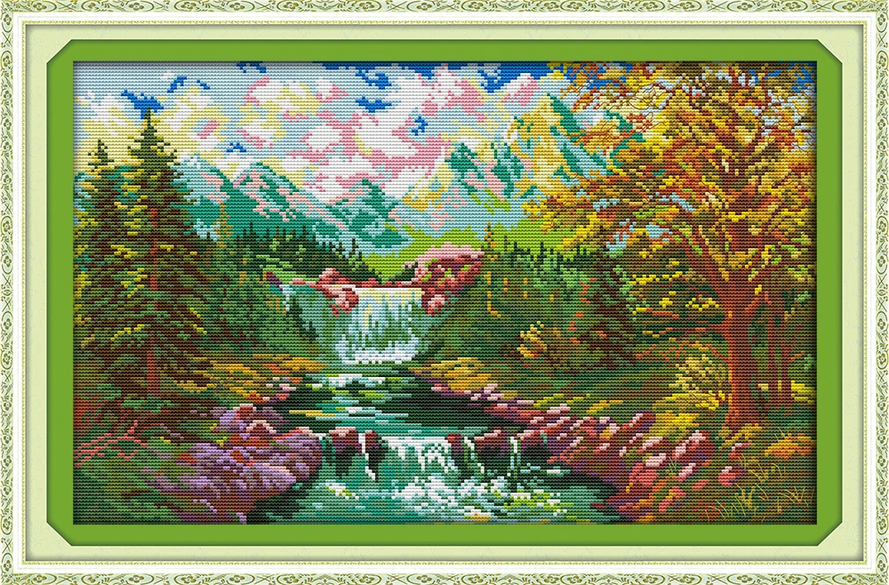 The Mountain Stream Needlework Set Dmc Embroidery Floss Wall Decoration