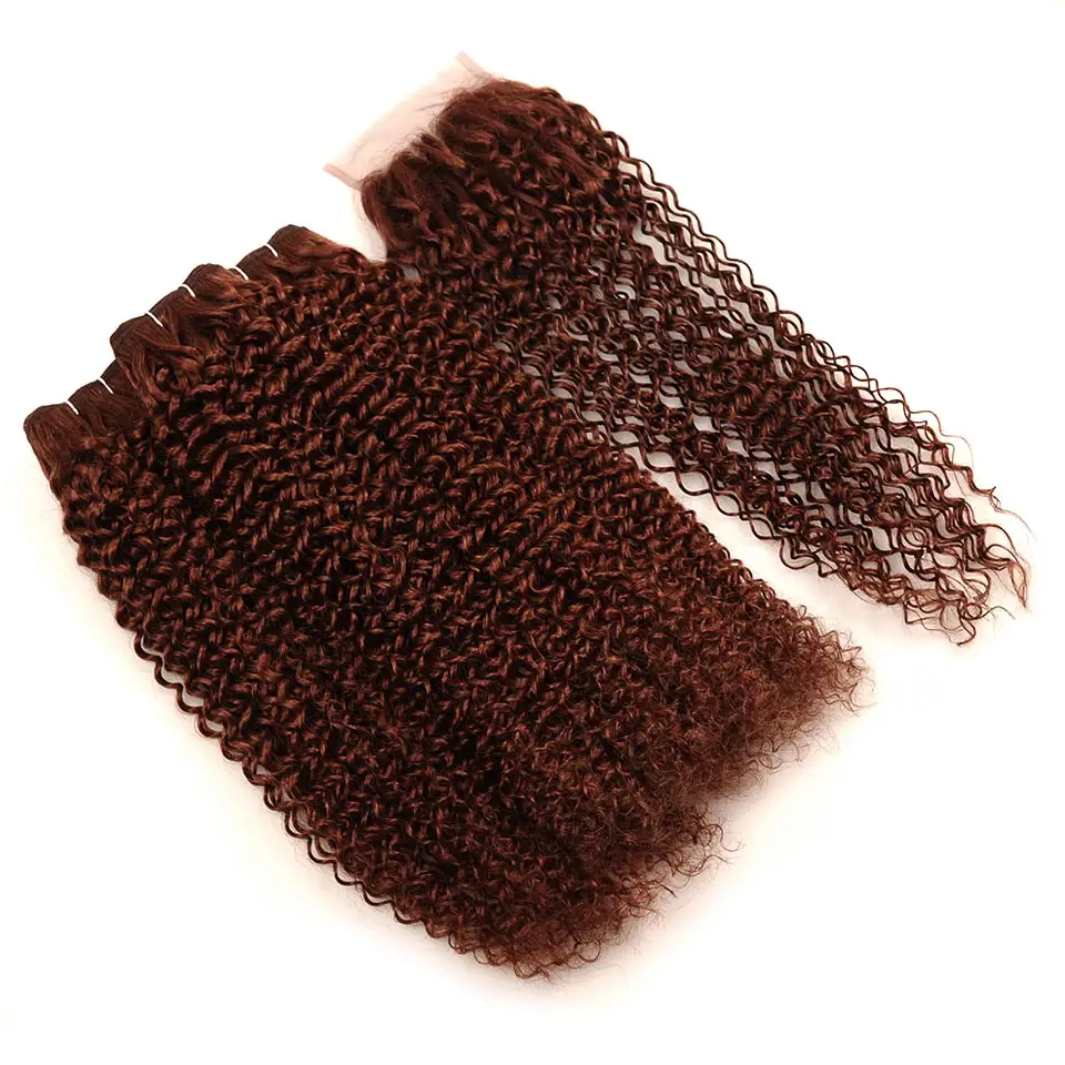 Pinshair бразильские волосы Джерри Вьющиеся 3 Связки с закрытием#33 светло-коричневый Цвет человеческих волос пучки с закрытием не Remy