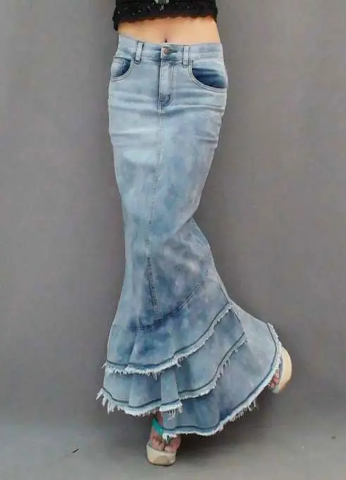 Бесплатная доставка 2019 Новая мода длиной макси джинсовая юбка для Для женщин Русалка Стиль рыбий хвост Высокая талия юбка в стиле "Ретро" с