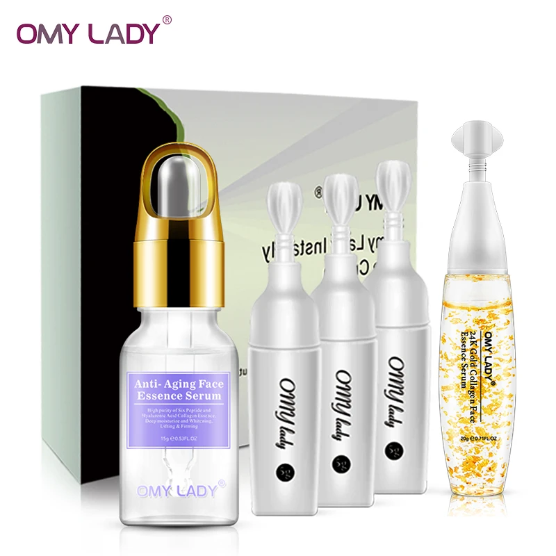 

OMYLADY 2PC Facial serum+eye serum 24k gold+Six Peptide essence collagen eye serum remove dark circles anti-pouch ageless moist