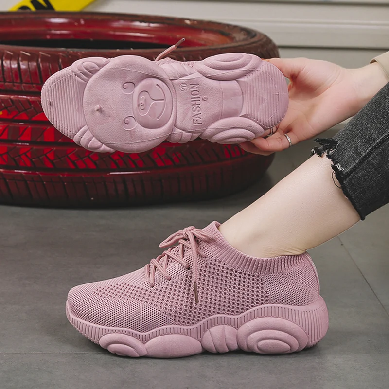 

Women Shoes Size 35-42 Pink White Mesh Weaving Cute Bear Shoes Woman Platform Shoes Female Sneakers Flats Tenis Feminino QDD-76